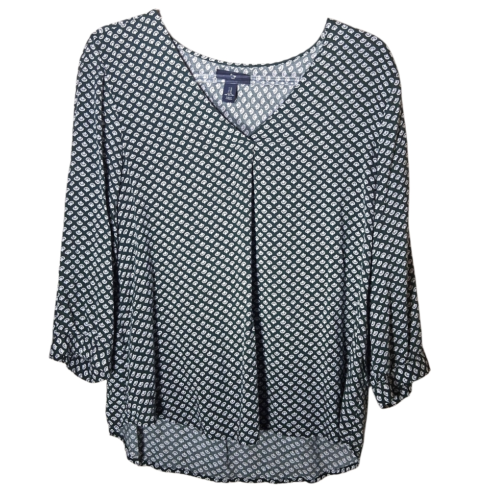GAP Pullover Blouse Womens Sz M Green White Black Seashell All-Over Print V-Neck